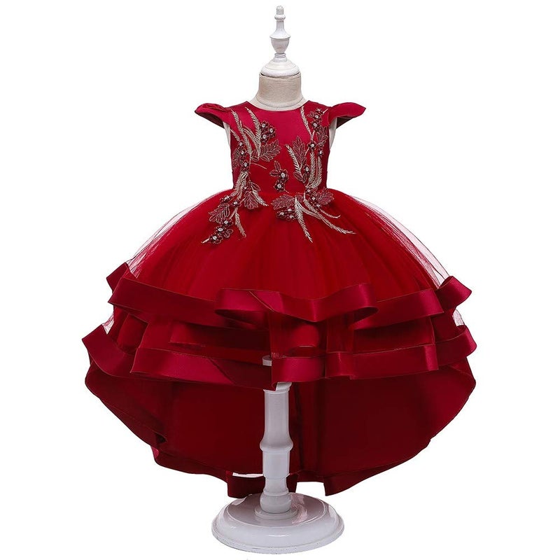 HIHCBF Little Big Girls Flower High Low Tulle Dress Princess Wedding Pageant Birthday Party Formal Evening Dance Ball Gown Deep Red 3-4T - Image 2